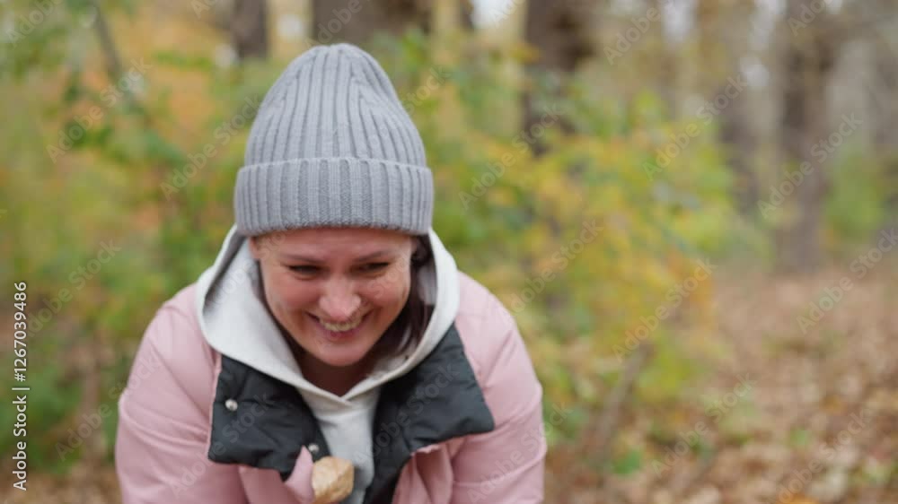 Woman in pink jacket and grey beanie enjoys autumn, smiling as leaves fall around her poured by someone in the background in a vibrant display of seasonal joy Woman in pink jacket and grey beanie enjoys autumn, smiling as leaves fall around her poured by someone in the background in a vibrant display of seasonal joy