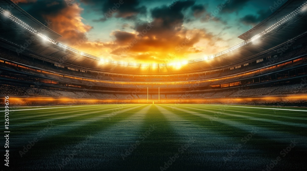 large football stadium with a green turf field in the center. The stadium is filled with rows of empty seats, and the stands are lit up with bright lights large football stadium with a green turf field in the center. The stadium is filled with rows of empty seats, and the stands are lit up with bright lights