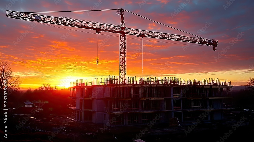Naklejka premium Construction site at sunset with a crane lifting materials against a vibrant sky backdrop