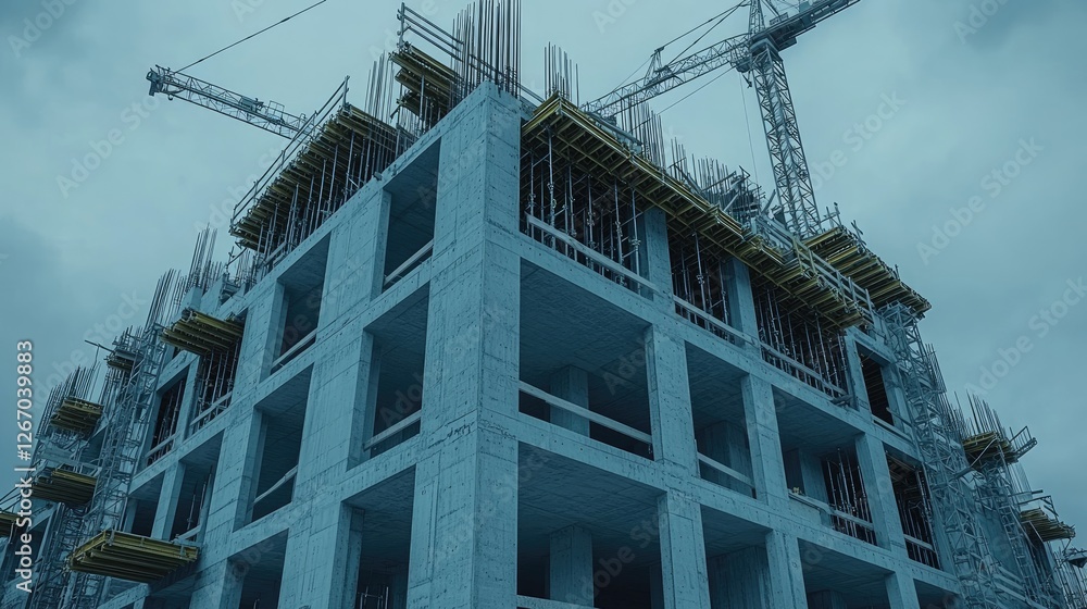 Construction site showcasing a tall building under development with cranes in a cloudy sky Construction site showcasing a tall building under development with cranes in a cloudy sky