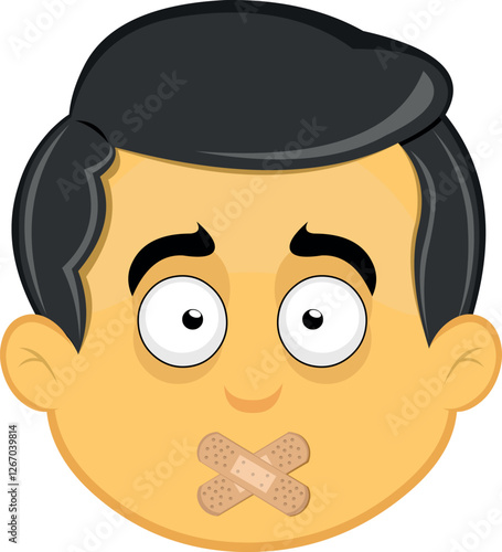 vector illustration yellow emoji character male,  with adhesive strips on the mouth in concept of keeping silent or shutting up