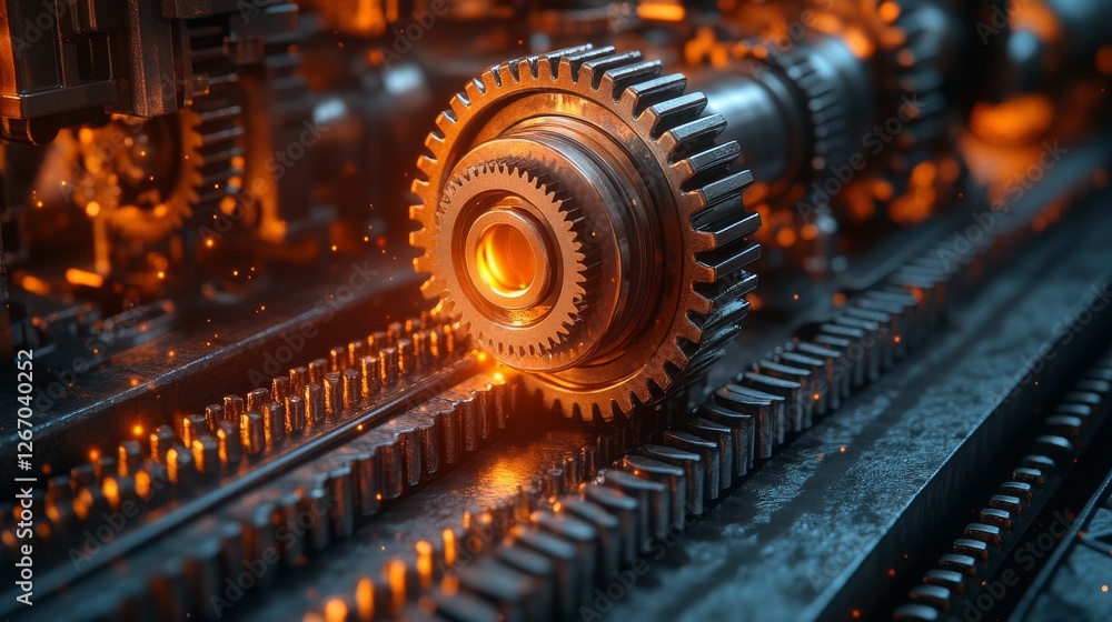 Close-up of intricate metal gears, glowing orange, sparks, industrial machinery. Close-up of intricate metal gears, glowing orange, sparks, industrial machinery.