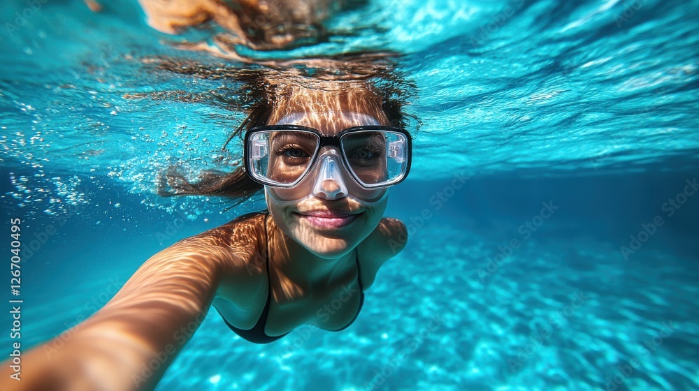 Naklejka premium Female swimmer at the swimming pool.Underwater photo