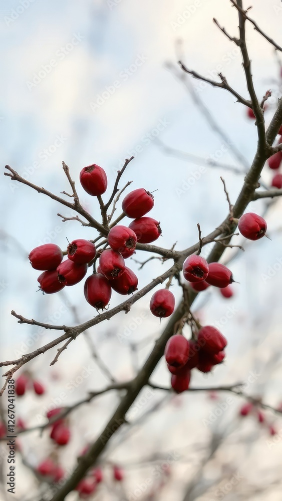 Thorny branches with crimson dried rose hips, against a soft spring sky, tree, branch Thorny branches with crimson dried rose hips, against a soft spring sky, tree, branch