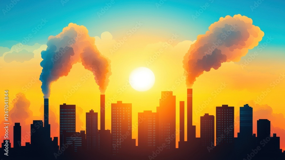 Climate Change and global warming and Conservation. Silhouette of a city skyline with smoke and a vibrant sunset backdrop. Climate Change and global warming and Conservation. Silhouette of a city skyline with smoke and a vibrant sunset backdrop.