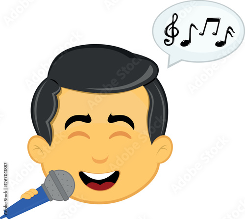 vector illustration yellow emoji character male, singing with a microphone in hand, a speech bubble and musical notes
