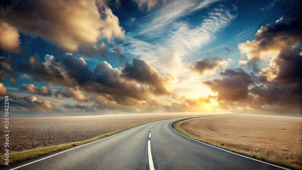 Naklejka premium Asphalt road curving through a vast, golden field under a dramatic sunset sky