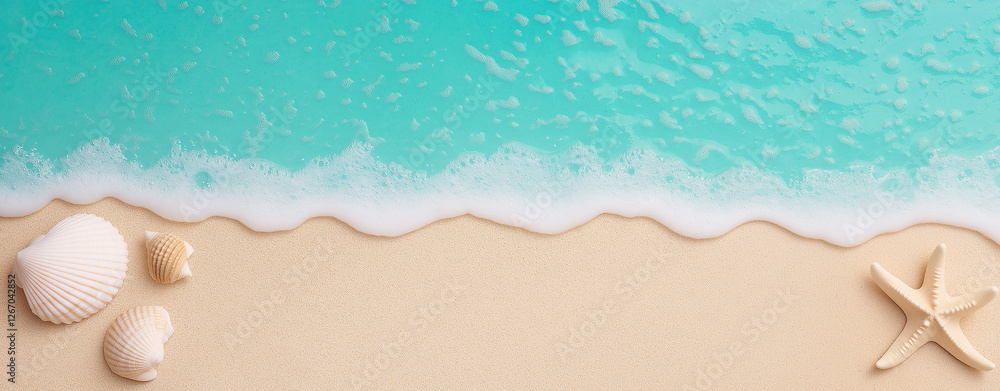 Fototapeta premium A pristine white sand against a backdrop of turquoise ocean waters and starfish,brilliant turquoise. The sky above is a clear, vibrant blue, ,tropical beach ,natural beauty , coastal paradise.