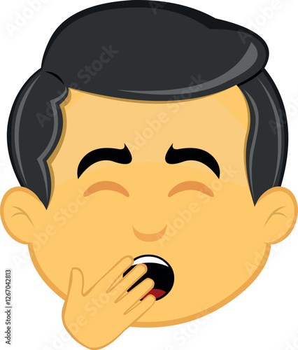 vector illustration yellow emoji character male, yawning covering his mouth with his hand