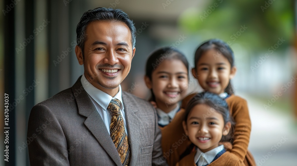 Obraz premium Happy Asian Father with Three Smiling Daughters