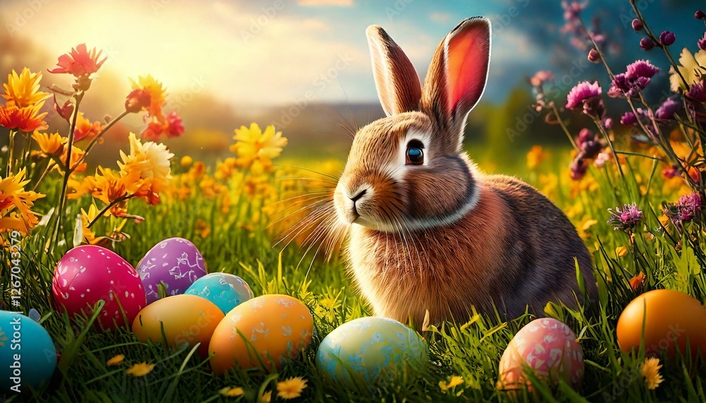 easter bunny and easter eggs in a flowering meadow