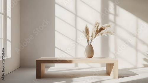 A white vase with a few brown flowers sits on a wooden table in a room with a lo