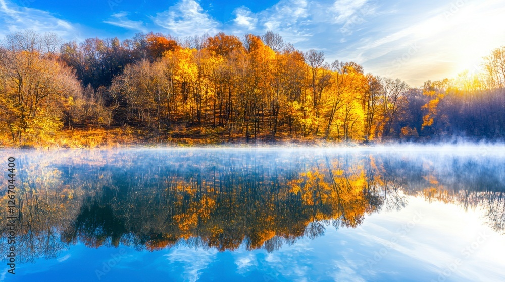 Serene Autumn Landscape with Colorful Trees Reflected in Calm Water Under Clear Blue Sky Serene Autumn Landscape with Colorful Trees Reflected in Calm Water Under Clear Blue Sky