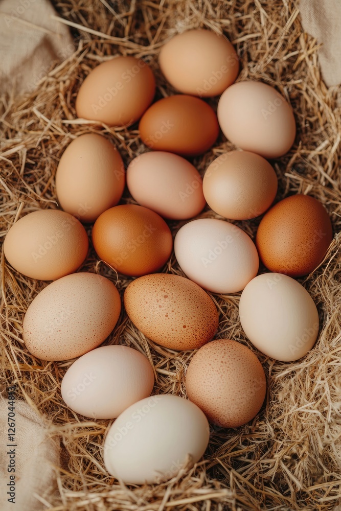 Farm Fresh Eggs in Hay Nest, Rustic Setting Farm Fresh Eggs in Hay Nest, Rustic Setting