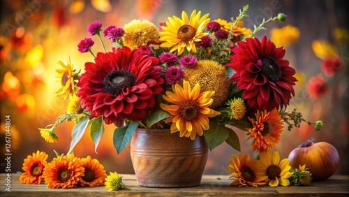 Wallpaper Mural Vibrant autumn floral arrangement in rustic earthenware vase with sunflowers and dahlias Torontodigital.ca