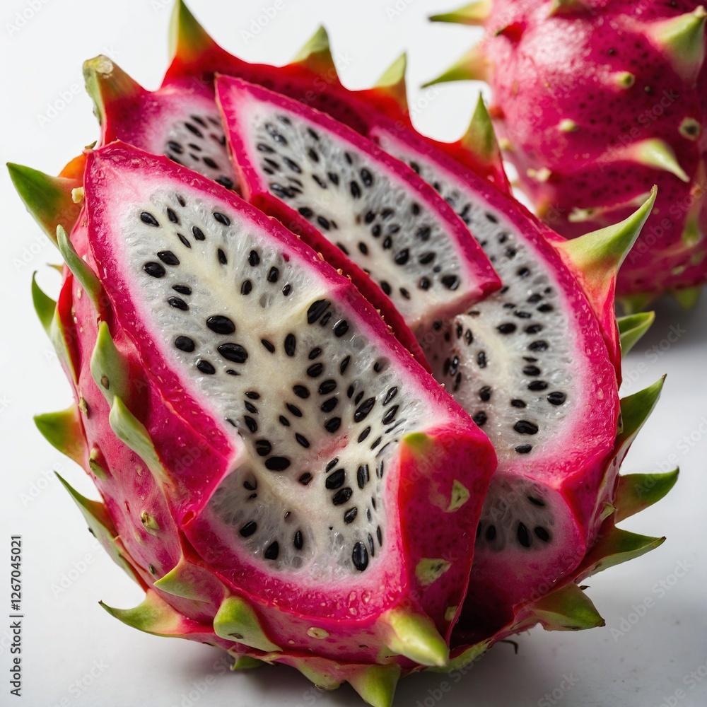 A dragon fruit cut in half, showing its vibrant inside, on a pure white background. A dragon fruit cut in half, showing its vibrant inside, on a pure white background.
