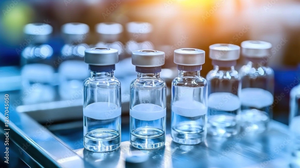 Pharmaceutical vials on automated production line, sterile environment Pharmaceutical vials on automated production line, sterile environment