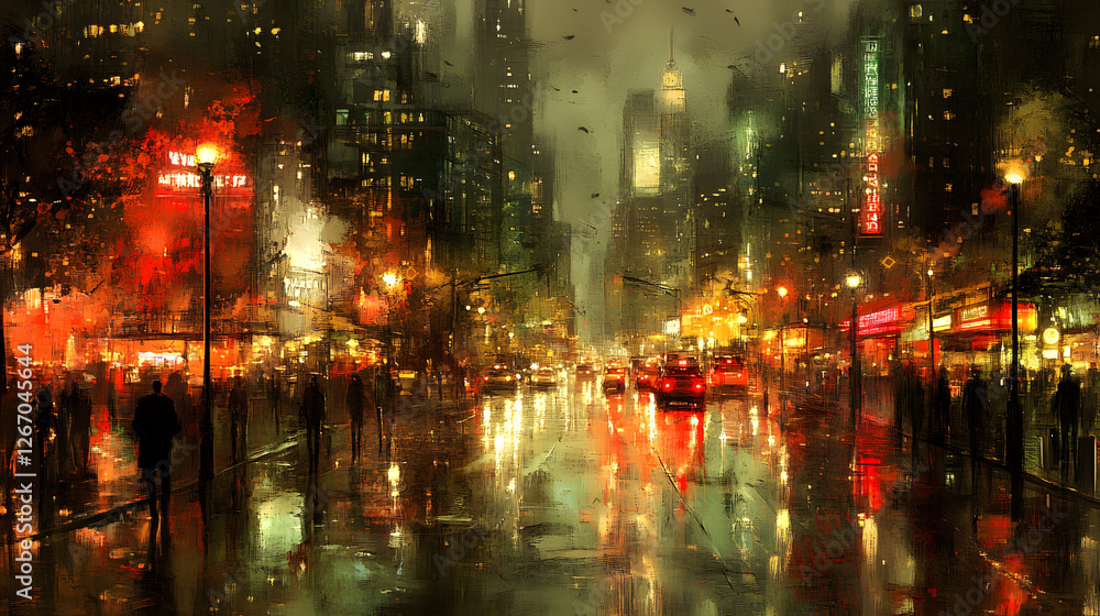 Obraz premium Urban Reflections: The vibrant cityscape at dusk, with rain-slicked streets reflecting the dazzling lights of buildings and streetlamps, creates a moody atmosphere.