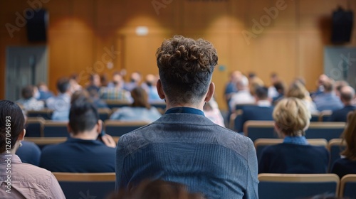 A man in a suit sits in a crowded auditorium