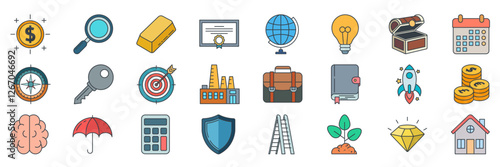Investment icons set, Included icons as Briefcase, Ladder, Gold Bar, Calculator and more symbols collection, logo isolated vector illustration