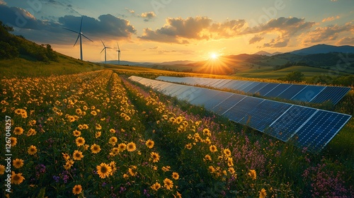 Sunset solar panels sunflower field wind turbines renewable energy