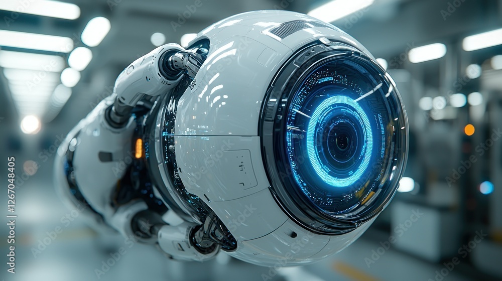 Fototapeta premium Robotic Eye floats inside of factory floor; Concept for surveillance or technology