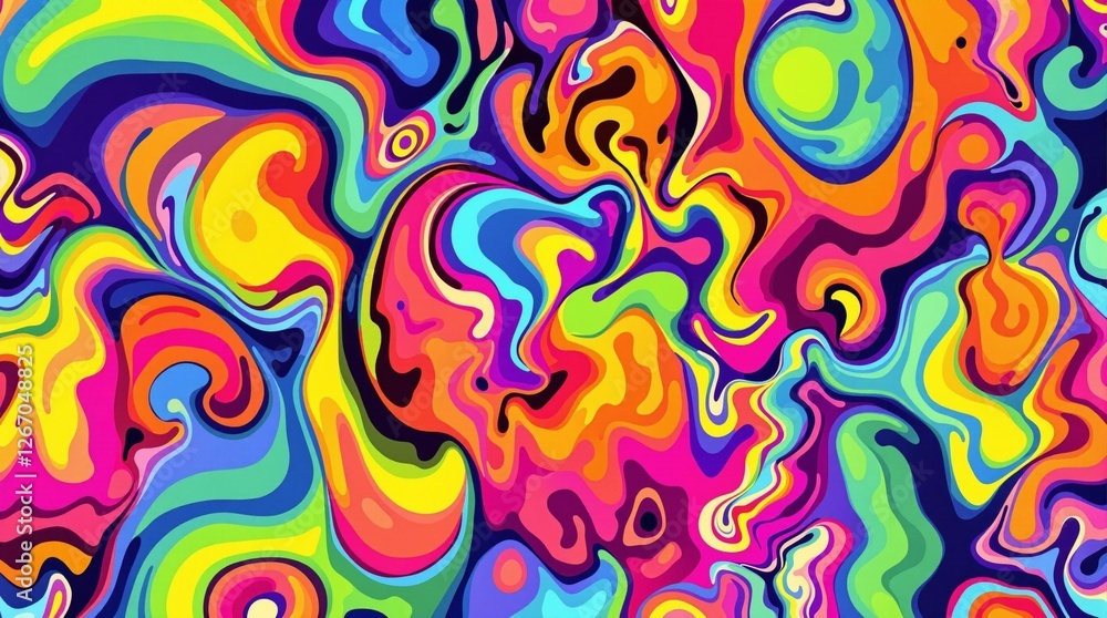 Vibrant psychedelic abstract pattern with swirling colors and dynamic shapes on a dark background
Vibrant psychedelic abstract pattern with swirling colors and dynamic shapes on a dark background