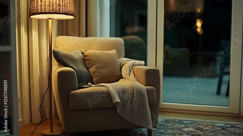 A chair with a blanket draped over it and a lamp next to it