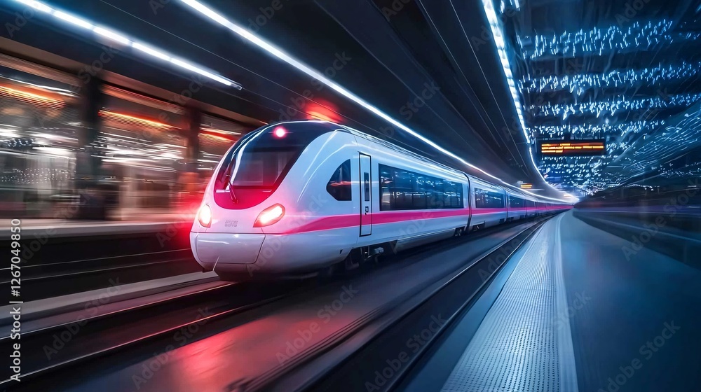High-Speed Train in Motion at Modern Train Station with Lights High-Speed Train in Motion at Modern Train Station with Lights