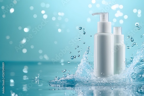 A crisp and clean visual of white skincare bottles floating on gentle waves, background in a smooth blur