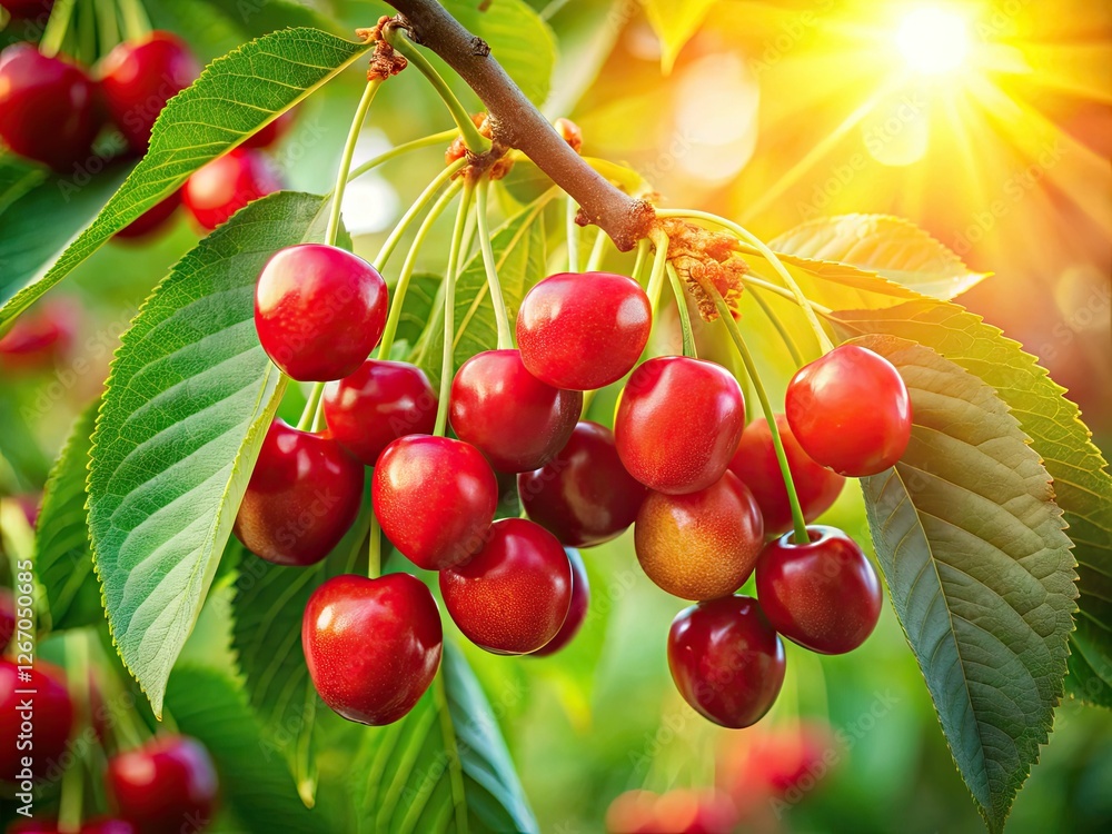 Juicy red cherries burst from a branch, a picturesque summer still life, nature's vibrant canvas. Juicy red cherries burst from a branch, a picturesque summer still life, nature's vibrant canvas.