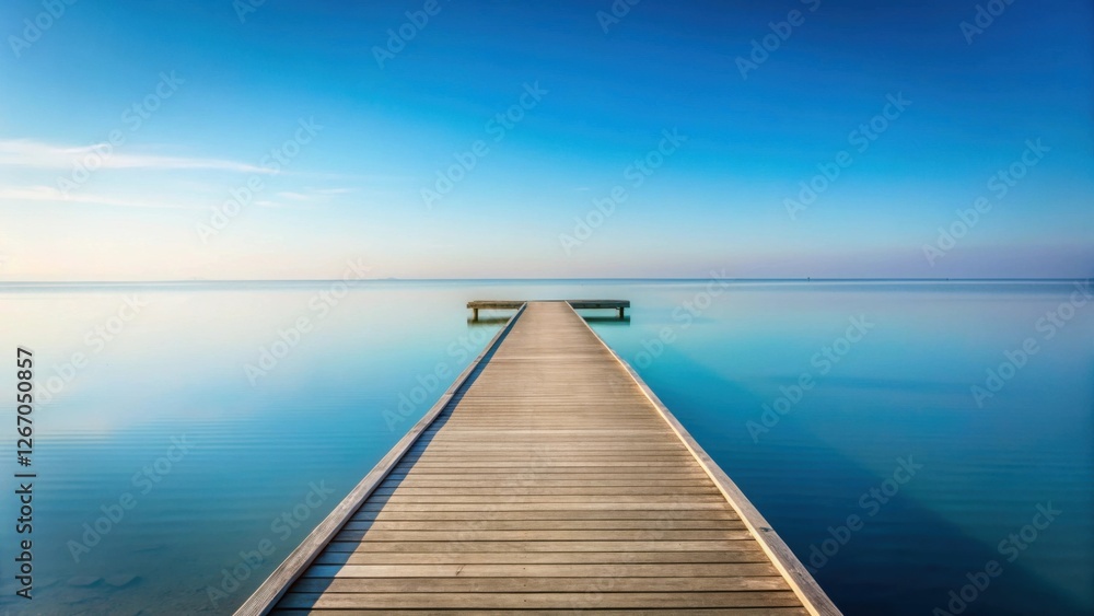 Serene Wooden Dock Extending into a Calm, Azure Ocean Under a Tranquil Blue Sky Serene Wooden Dock Extending into a Calm, Azure Ocean Under a Tranquil Blue Sky