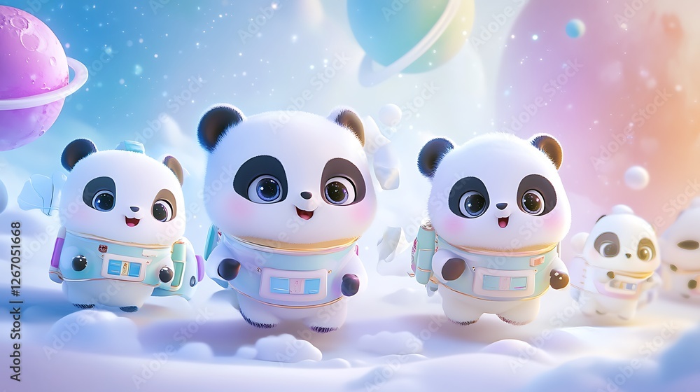Fototapeta premium Cute astronaut pandas exploring colorful space planets in whimsical adventure scene