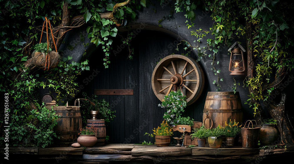 Obraz premium Enchanted Woodland Entrance: A rustic wooden door nestled within a lush, verdant overgrowth, inviting entry into a secret world. With an antique lantern, weathered wooden barrels.