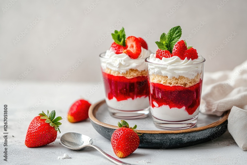 Strawberry dessert parfaits, whipped cream, studio Strawberry dessert parfaits, whipped cream, studio
