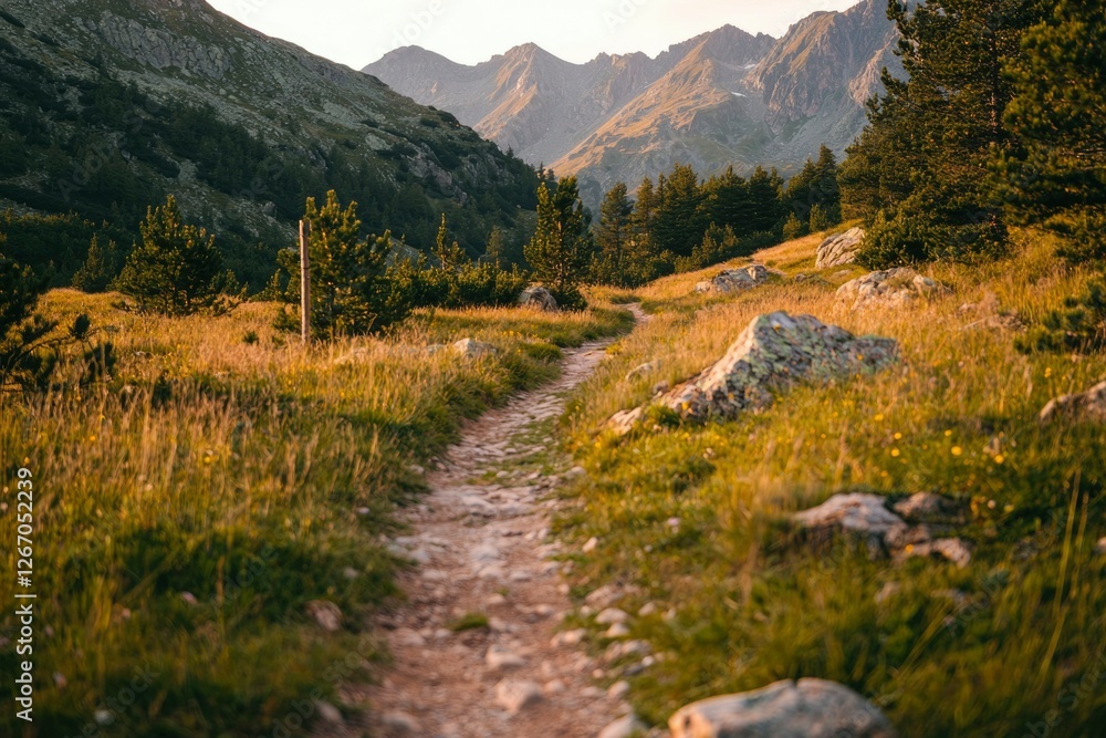 Hiking trail in mountains landscape at sunset for nature photography Hiking trail in mountains landscape at sunset for nature photography