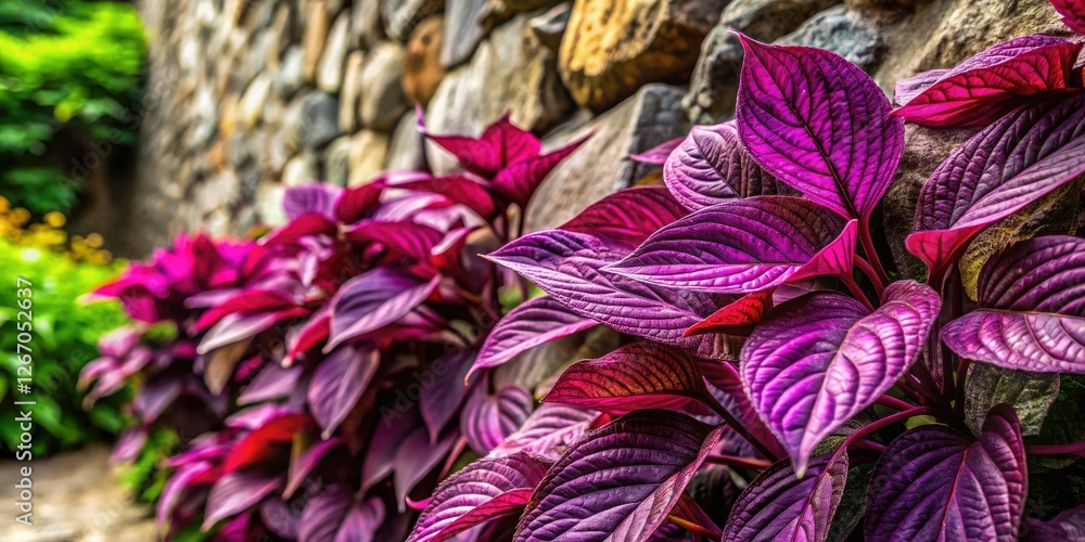 Lush botanical garden backdrop: deep depth of field captures high-resolution detail of purple foliage against a stone wall. Lush botanical garden backdrop: deep depth of field captures high-resolution detail of purple foliage against a stone wall.