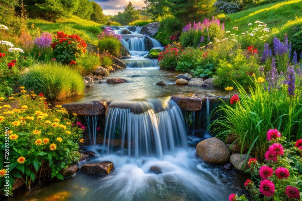 Lush green rain garden, tranquil stream flows, peaceful nature's panoramic beauty. Lush green rain garden, tranquil stream flows, peaceful nature's panoramic beauty.
