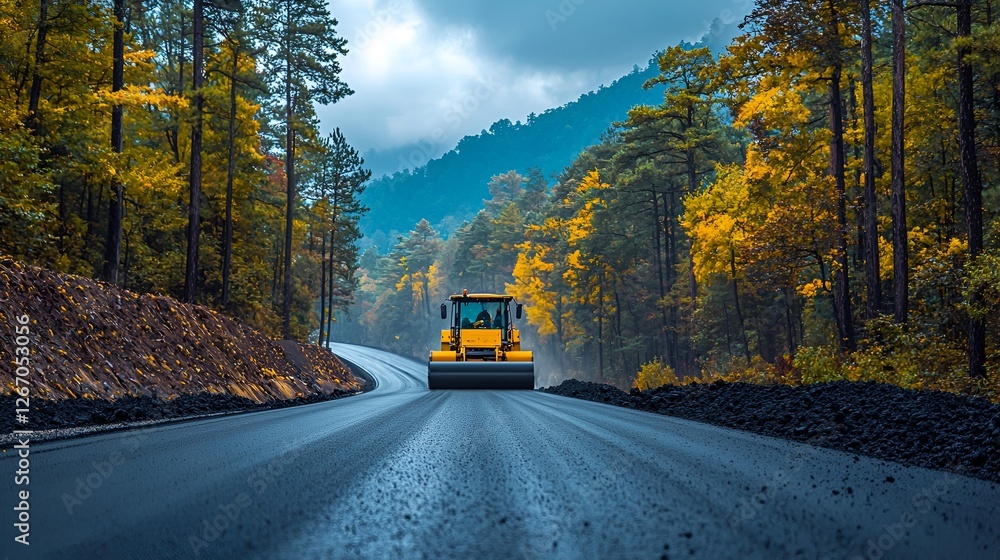 Obraz premium Road construction, autumn forest, asphalt roller, mountain background, infrastructure project