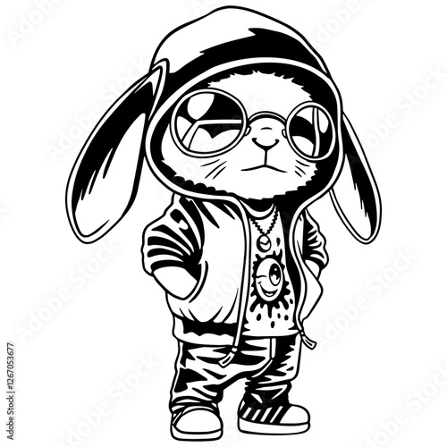 Cool bunny in hoodie and sneakers with pendant. Black and white illustration for urban streetwear designs, stickers, clipart, silhouette, and cut file projects.