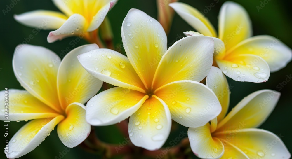 Naklejka premium Close-up of Plumeria Flowers with Water Droplets and a Soft Focus Background