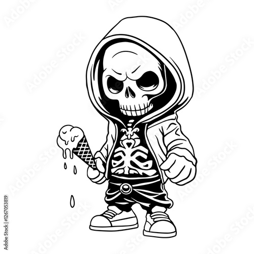 Black and white illustration of a cool grim reaper in a hoodie holding a melting ice cream. A unique mix of dark and cute aesthetics, perfect for tattoo designs, streetwear, and gothic art lovers.