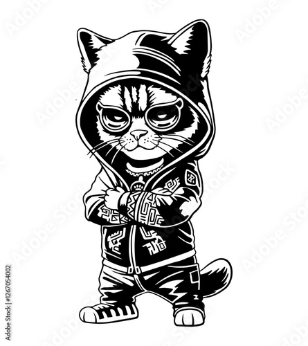 Stylish black and white vector illustration of a cool street cat wearing a hoodie and urban outfit. Perfect for tattoo designs, apparel prints, stickers, posters, and urban-themed artworks.