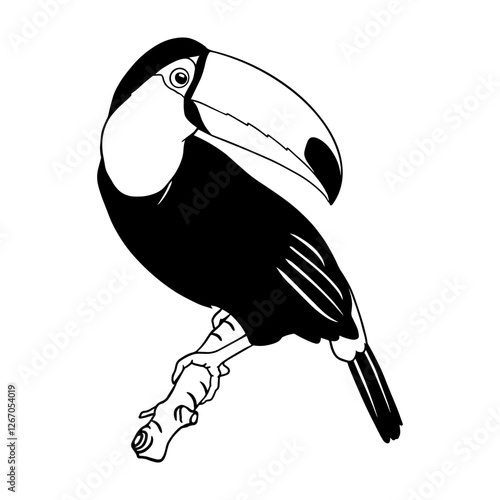 Black and white vector illustration of a toucan sitting on a tree branch. Perfect for tattoos, prints, exotic designs, nature lovers, and decorative art.