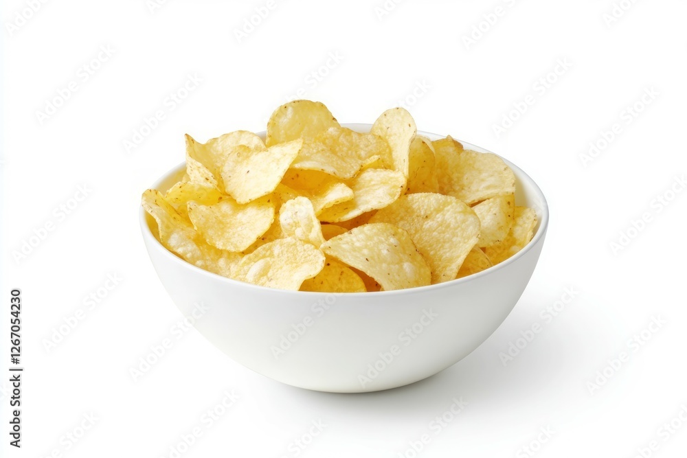 Bowl of crispy potato chips on white background. AI generated Bowl of crispy potato chips on white background. AI generated