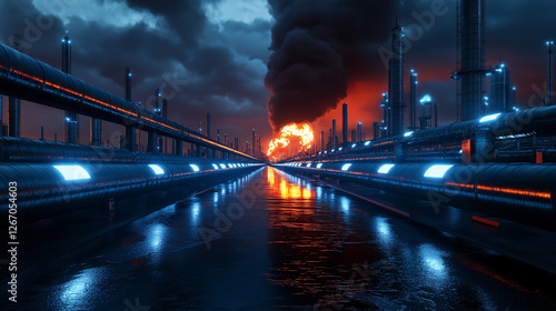 A futuristic energy plant filled with massive blue pipelines running parallel to each other, reflecting emergency lights, as an unexpected explosion in the background turns the nig photo