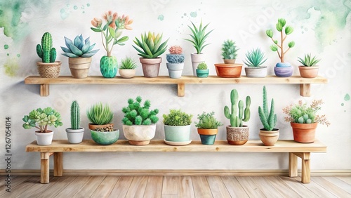 Wallpaper Mural A vibrant collection of potted succulents and cacti arranged on rustic wooden shelves against a textured wall. Torontodigital.ca