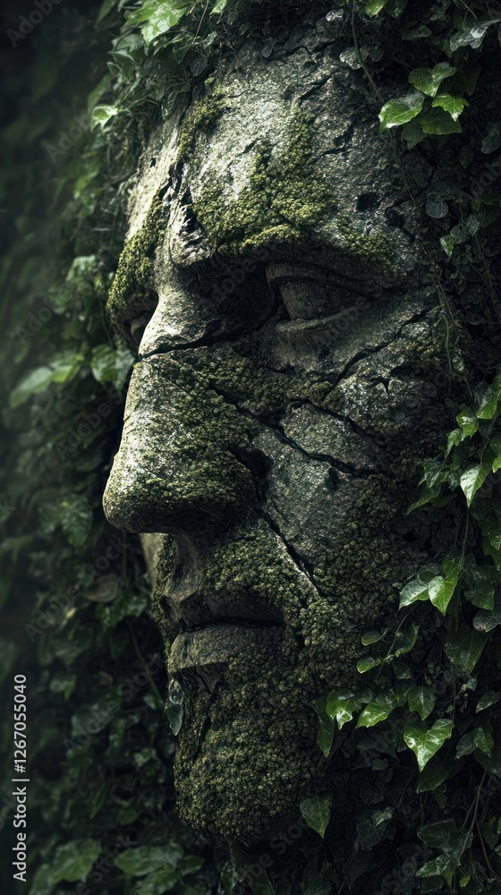 Ancient stone face entwined with vibrant greenery, nature reclaiming art Ancient stone face entwined with vibrant greenery, nature reclaiming art
