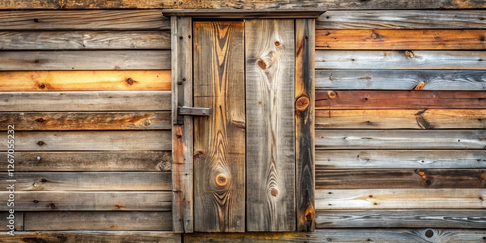 Rustic Wooden Door in Weathered Plank Wall Background Rustic Wooden Door in Weathered Plank Wall Background