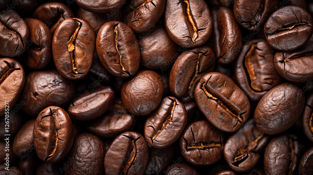 Fototapeta premium Roasted Coffee Beans: Close-up view of rich, dark roasted coffee beans, showcasing their deep brown color, oily texture, and intricate details. The image is perfect for coffee-related products.